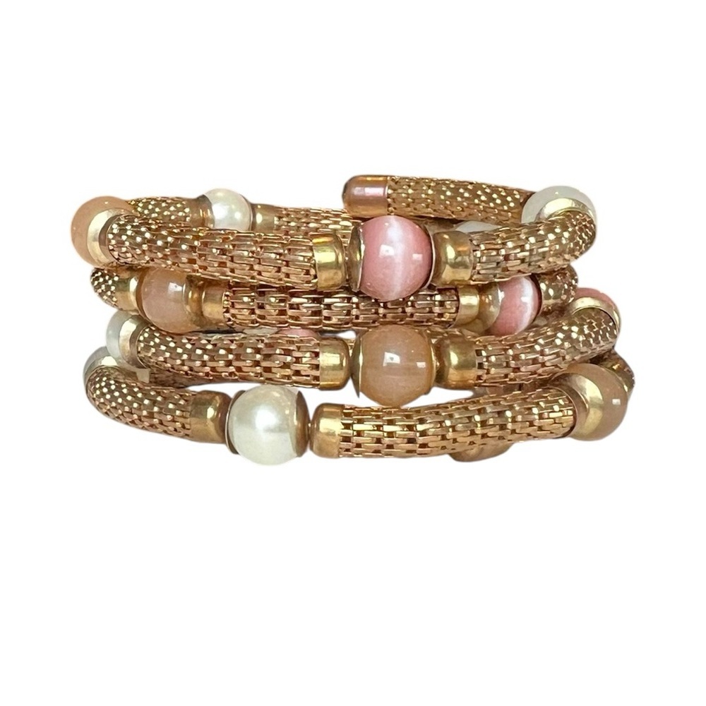 Multi Strand Mesh Coil Wrap Gold-tone Bracelet Beaded